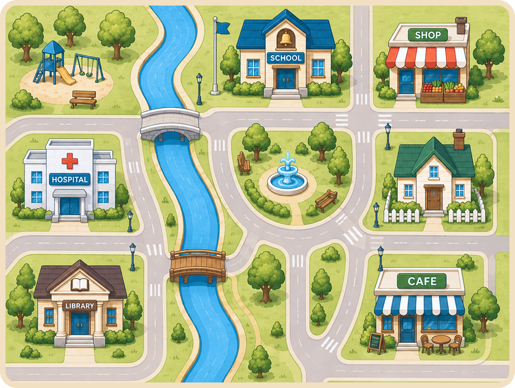Illustrated town map with school, hospital, library, shop and café connected by roads