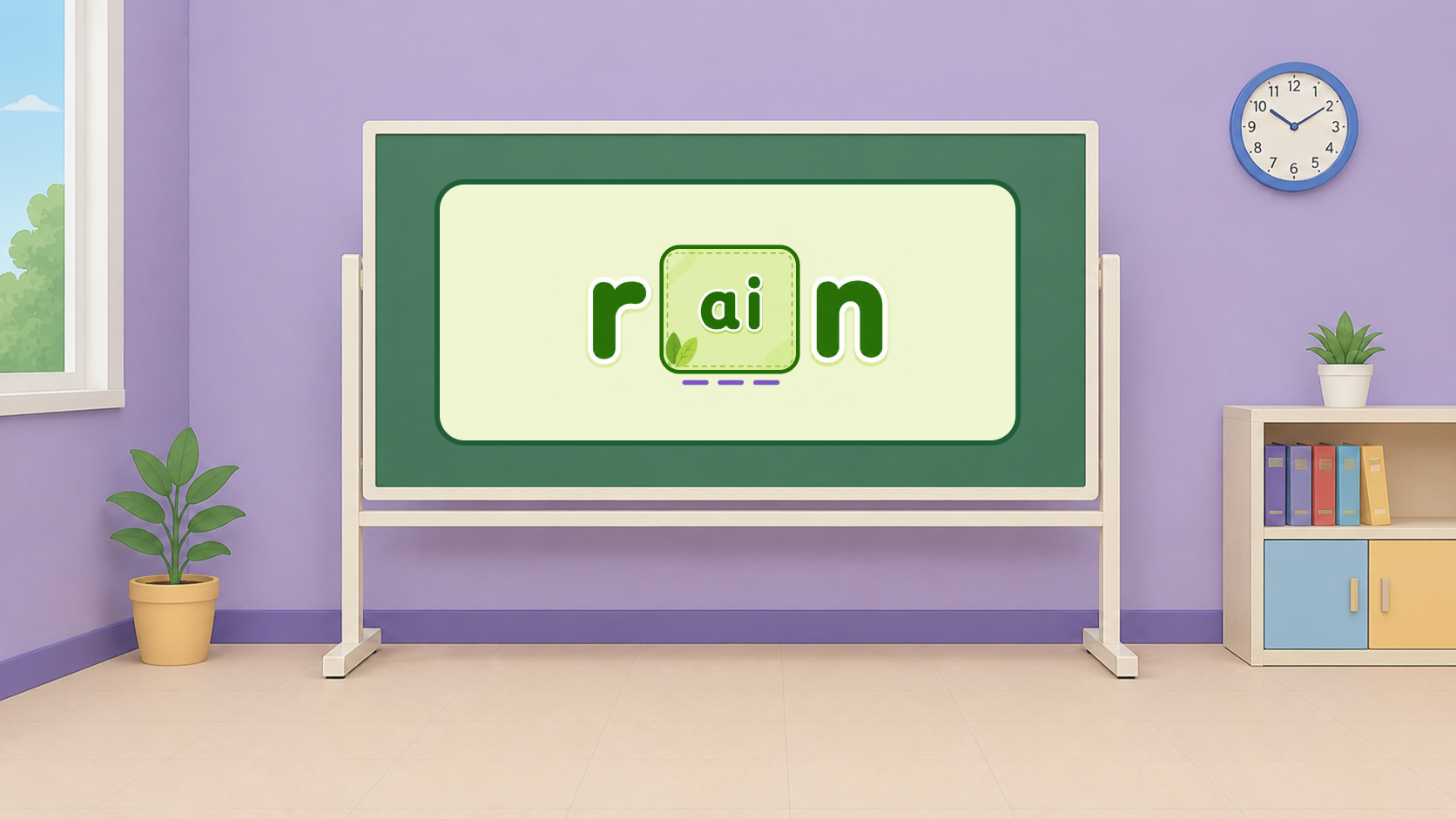 Green chalkboard showing the word rain with the ai vowel team highlighted