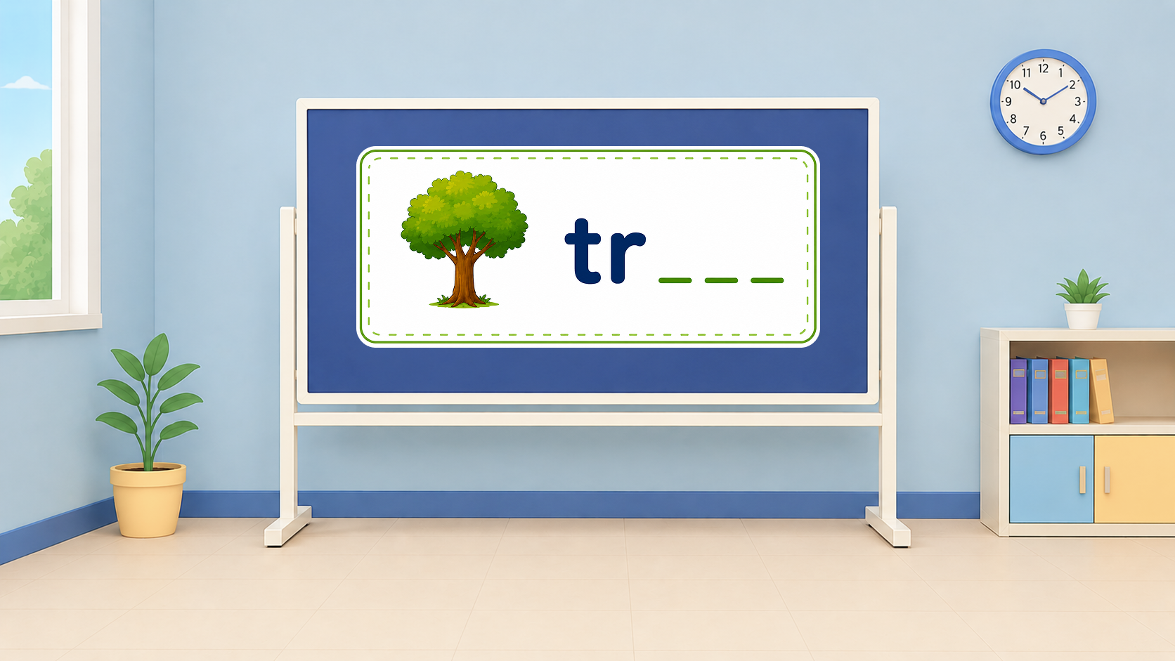 Classroom whiteboard showing a tree picture with the letters tr and three blanks to complete