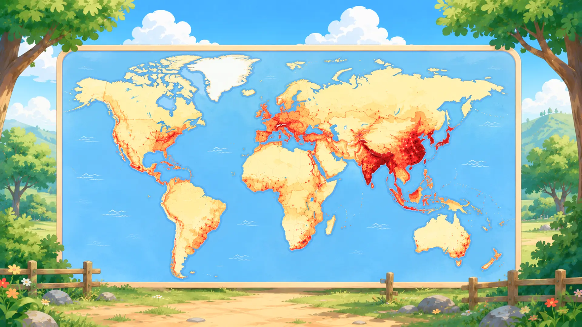 Illustrated world map on a board in a sunny outdoor scene