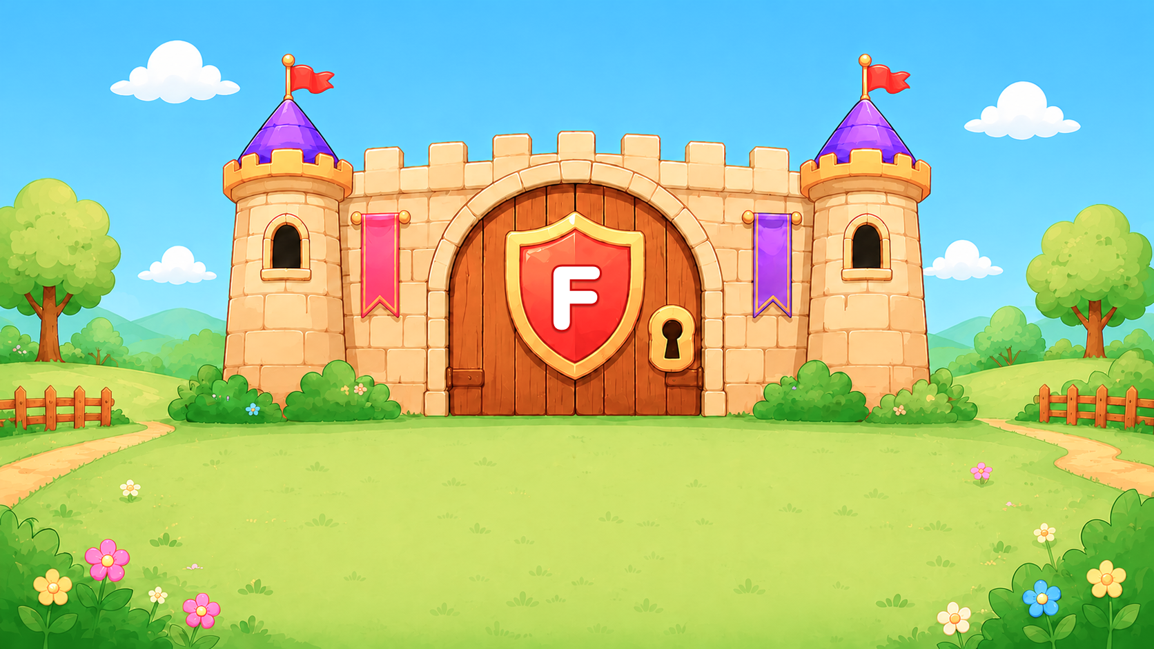 Cartoon castle with a shield showing the letter F guarding the gate