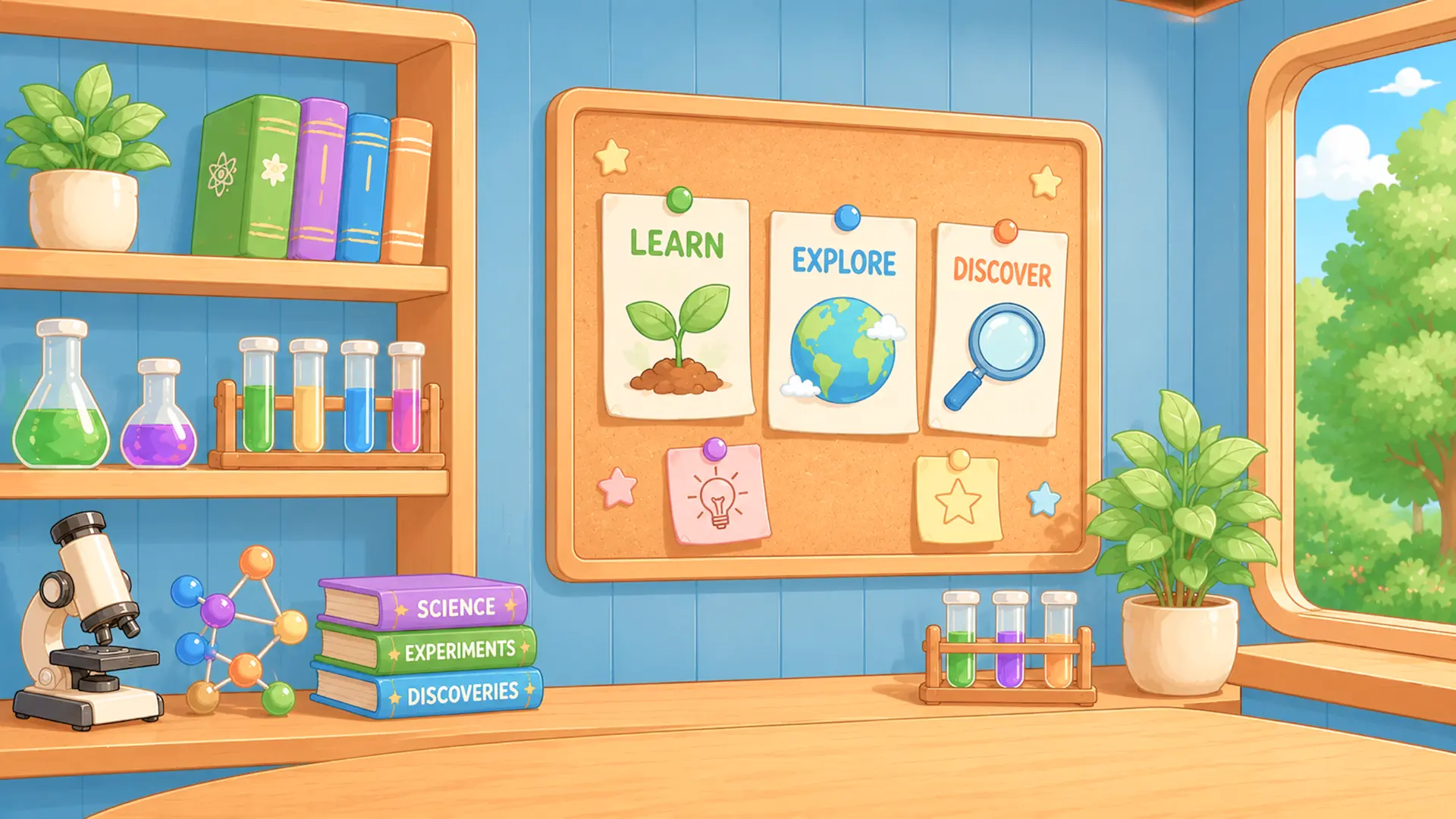 Science corner with microscope, test tubes and a Learn, Explore, Discover pin board